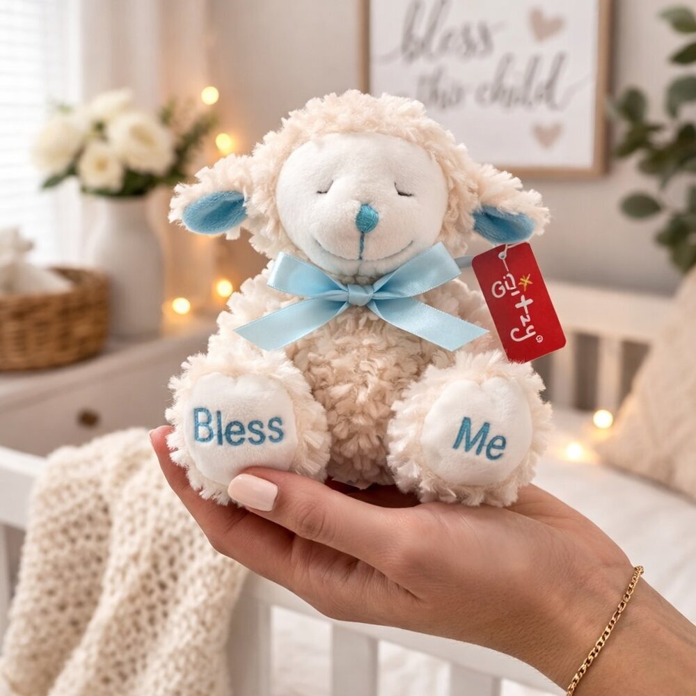 Ganz Bless Me Lamb Plush Blue Ribbon Stuffed Animal NWT